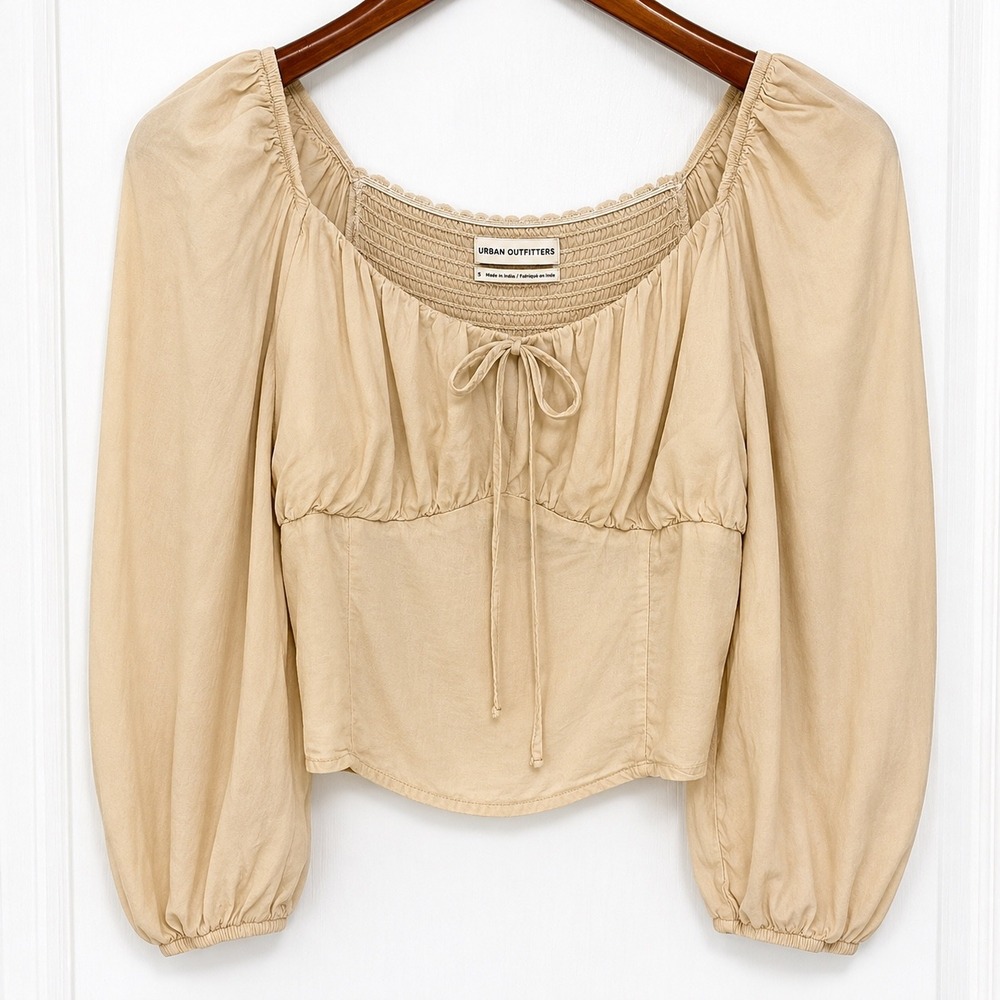Urban Outfitters Tan Smocked Back Long Sleeve Peasant Blouse Square Neck Beige L